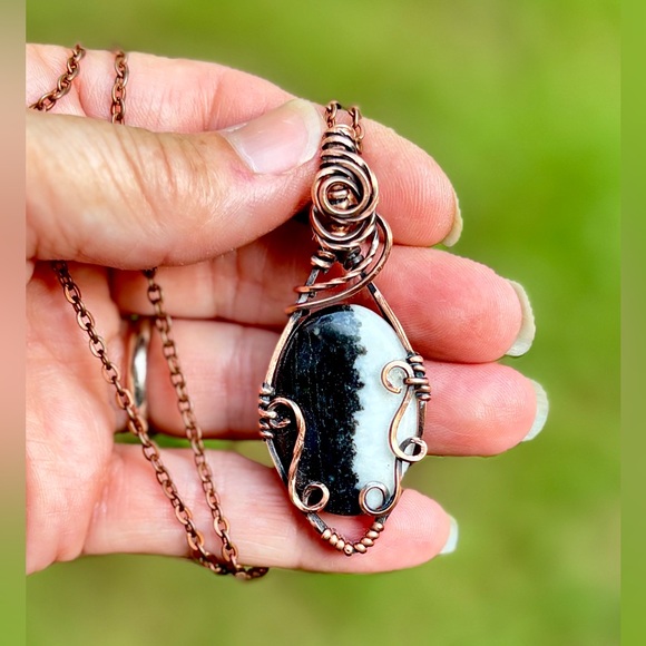 HAND CRAFTED Zebra Stone Wire Wrapped Copper Pendant Necklace, Handmade Jewelry - Picture 1 of 10